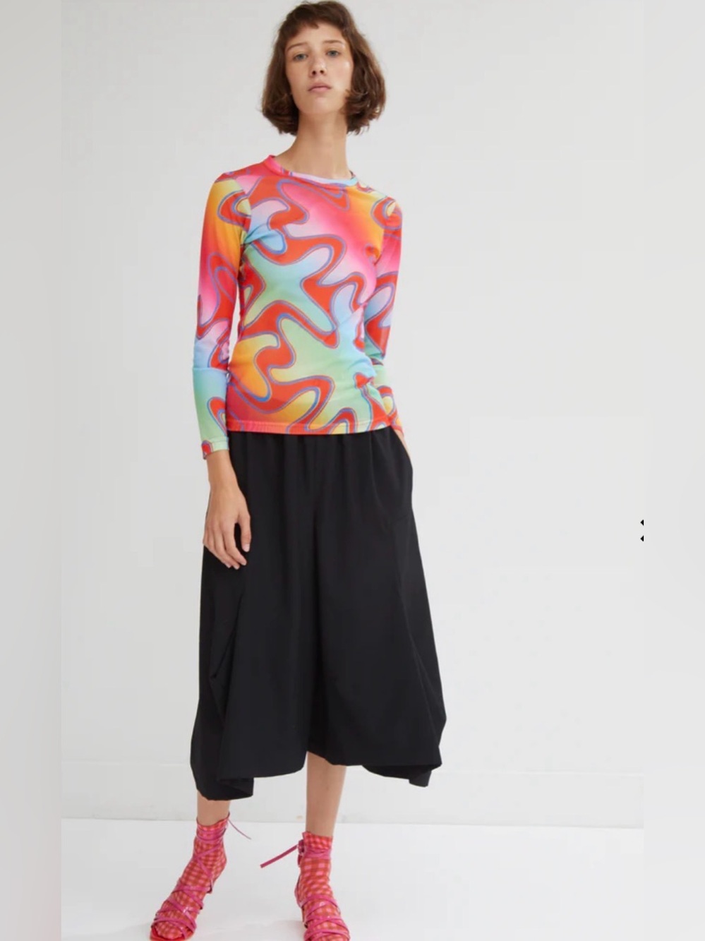 MOLLY GODDARD Vibrant Multicolor Swirl Long Sleeve Semi Sheer Top md in England